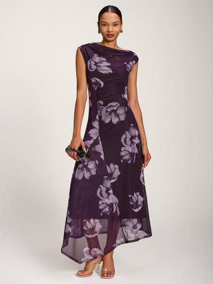 Jolie Moi Floral Draped Asymmetric Mesh Dress, Purple, Purple