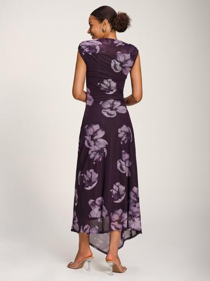 Jolie Moi Floral Draped Asymmetric Mesh Dress, Purple - view 2, Purple