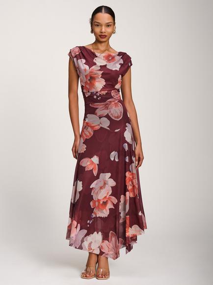 Jolie Moi Floral Draped Asymmetrical Maxi Dress, Burgundy, Burgundy