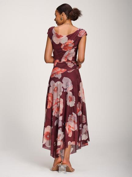 Jolie Moi Floral Draped Asymmetrical Maxi Dress, Burgundy - view 2, Burgundy