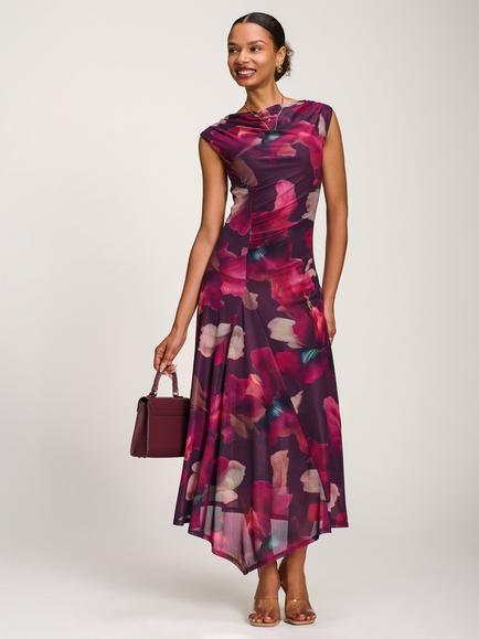 Jolie Moi Floral Draped Asymmetric Mesh Maxi Dress, Burgundy/Multi