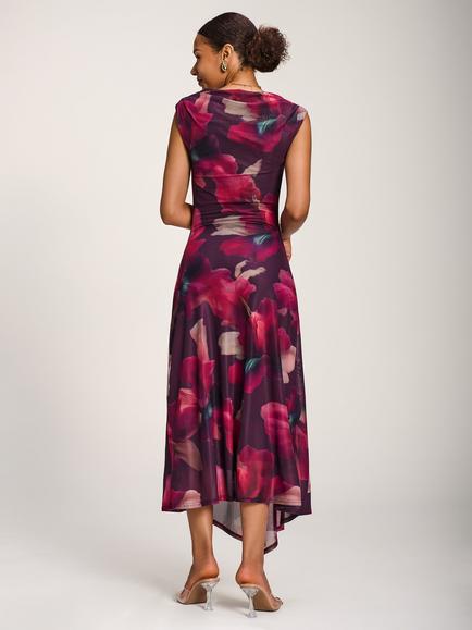 Jolie Moi Floral Draped Asymmetric Mesh Maxi Dress - view 2, Burgundy/Multi
