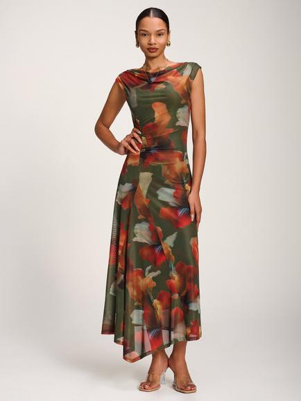 Jolie Moi Floral Draped Asymmetric Mesh Maxi Dress, Green/Multi