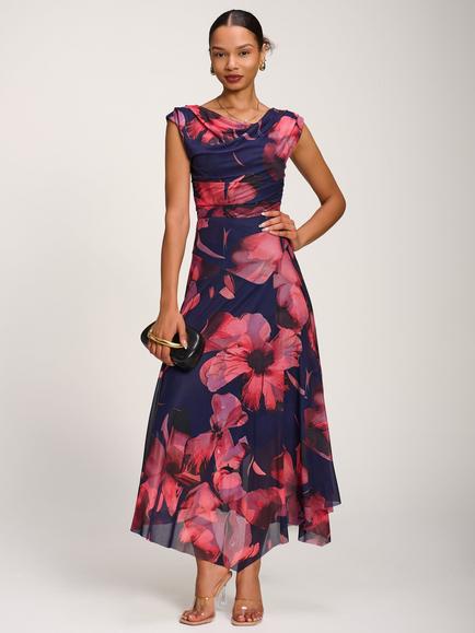 Jolie Moi Mesh Floral Draped Asymmetrical Maxi Dress, Navy, Navy