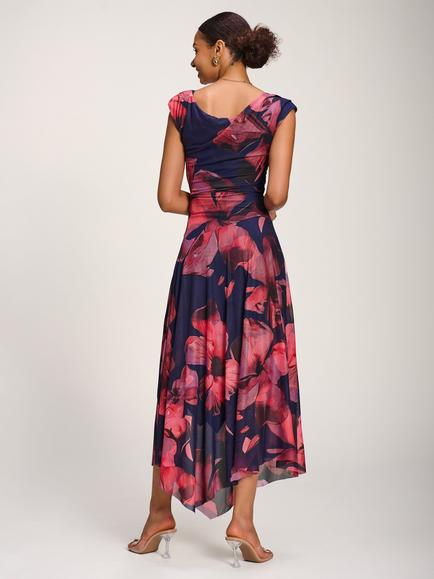 Jolie Moi Mesh Floral Draped Asymmetrical Maxi Dress, Navy - view 2, Navy