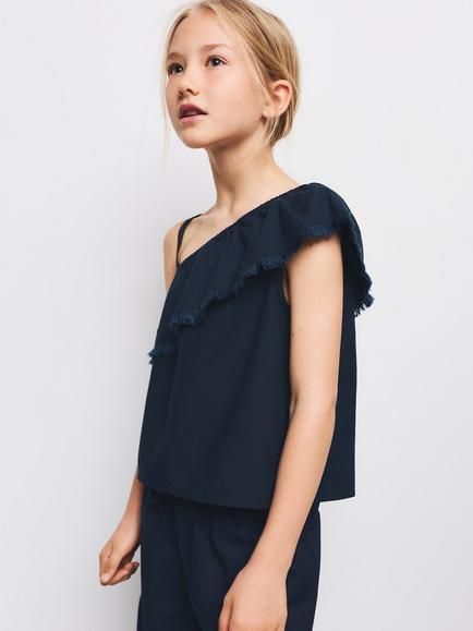 Mango Kids' Ruffle Shoulder Top, Navy, Navy