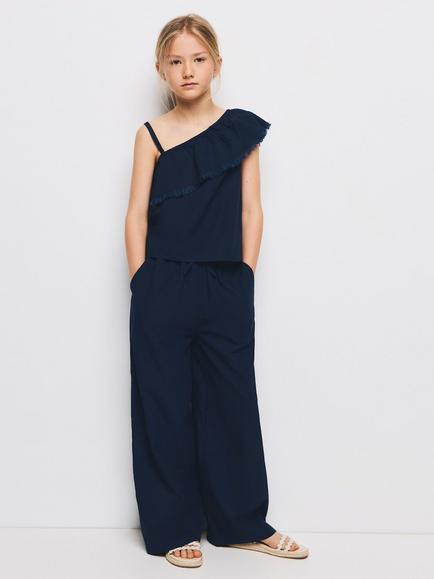 Mango Kids' Ruffle Shoulder Top, Navy - view 2, Navy