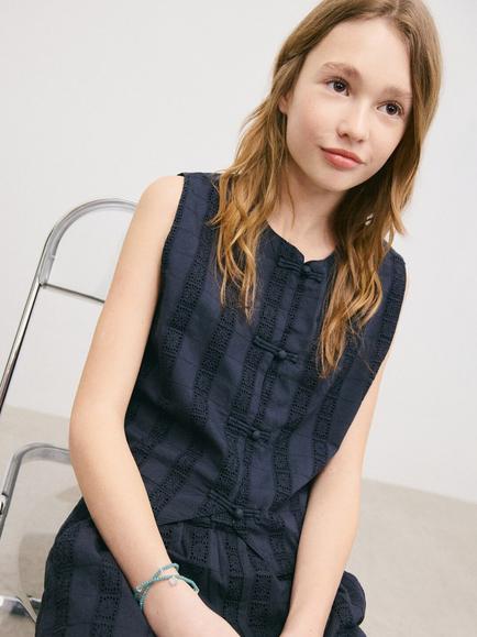 Mango Kids' Embroidered Vest Top, Navy, Navy