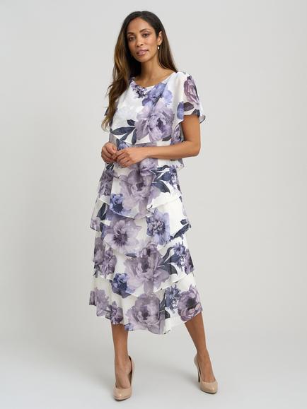 Gina Bacconi Rena Floral Ruffle Dress, Blue/Multi, Blue/Multi