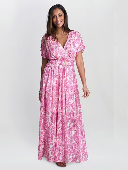 Gina Bacconi Floral Paisley A-Line Maxi Dress, Fuchsia, Fuchsia