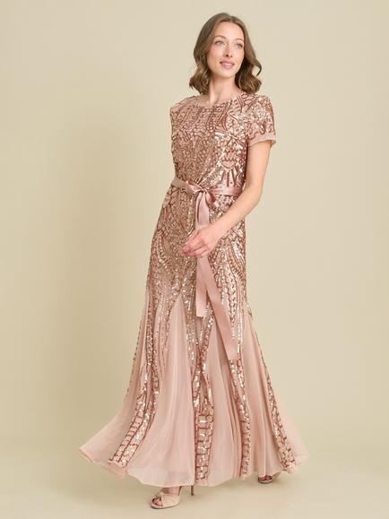 Gina Bacconi Embellished Pleated Maxi Dress, Rose Gold, Rose Gold