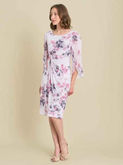 Gina Bacconi Floral Ruched Knee Length Dress, Pink, Pink