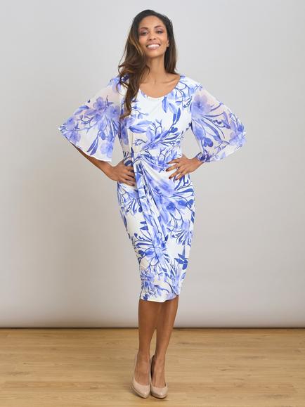 Gina Bacconi Floral Ruched Midi Dress, Blue/White, Blue/White