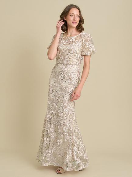 Gina Bacconi Mimmi Floral Sequin Mermaid Maxi Dress, Champagne, Champagne
