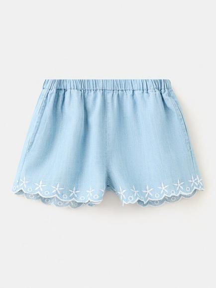 Mango Kids' Embroidered Scallop Shorts, Light Blue, Light Blue