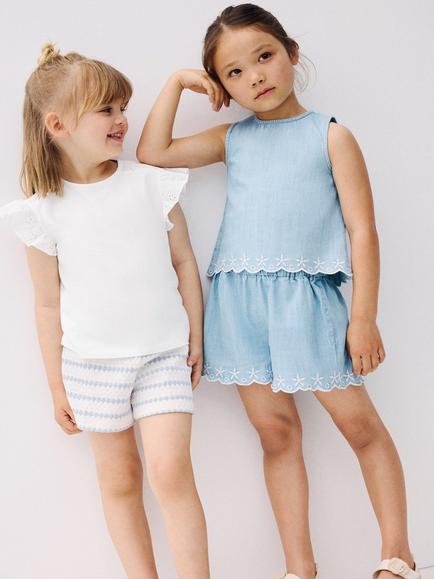 Mango Kids' Embroidered Scallop Shorts, Light Blue - view 2, Light Blue