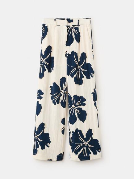 Mango Mid Rise Wide Leg Floral Print Trousers, Cream, Cream