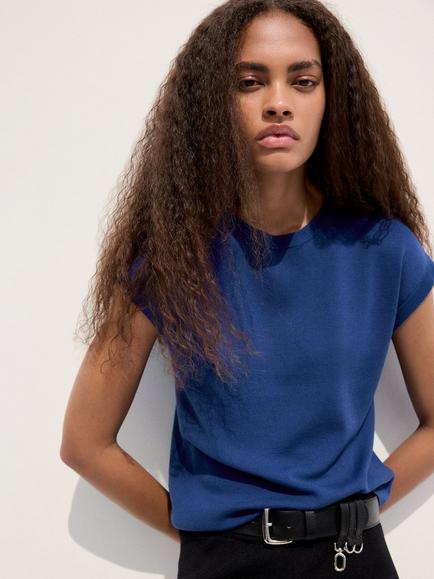 Mango Cotton Blend Round Neck T-Shirt, Electric Blue, Electric Blue