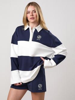 Gym King Heritage Oversized Striped Loopback Cotton Rugby Shirt, Cream/Indigo Blue - view 2, Cream/Indigo Blue