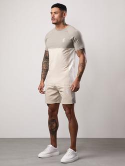 Gym King Contrast Panel Crew Neck Cotton Blend T-Shirt, Marl/Grey/White, Stone/Taupe/White