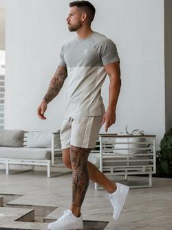 Gym King Contrast Panel Crew Neck Cotton Blend T-Shirt, Marl/Grey/White - view 2, Stone/Taupe/White