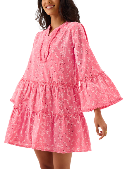 Accessorize Broderie Flute Sleeve Mini Dress, Pink, Pink