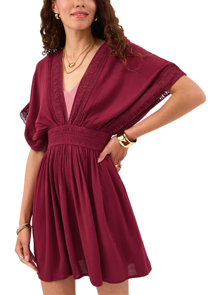 Accessorize Crochet Trim Mini Kaftan containing LENZING™ ECOVERO™ Viscose, Burgundy, Burgundy