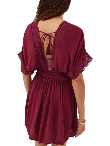 Accessorize Crochet Trim Mini Kaftan containing LENZING™ ECOVERO™ Viscose, Burgundy - view 2, Burgundy