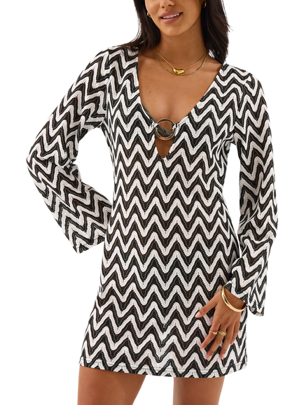 Accessorize Mono Crochet Mini Kaftan, Black/White, Black/White