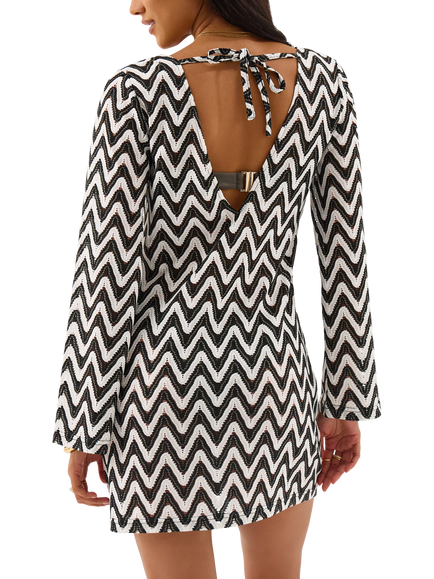 Accessorize Mono Crochet Mini Kaftan, Black/White - view 2, Black/White
