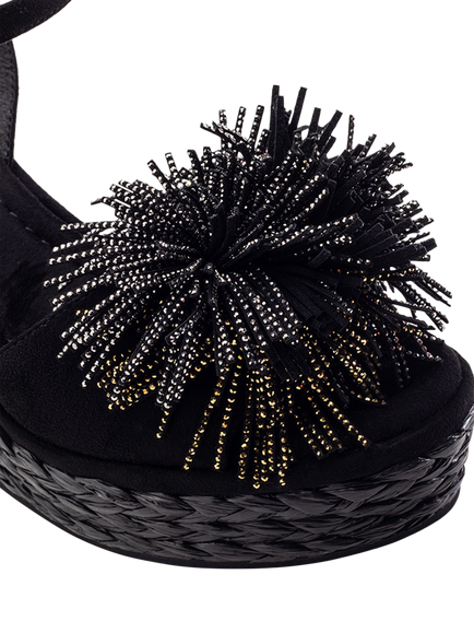 Moda in Pelle Marco Alcantara Wedge Heel Pom Pom Sandals - view 2, Black