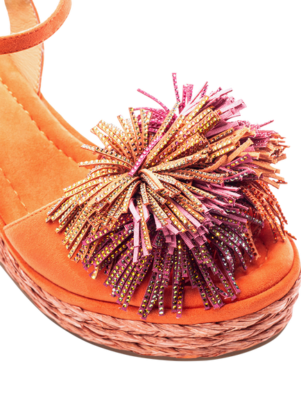 Moda in Pelle Marco Alcantara Wedge Heel Pom Pom Sandals - view 2, Orange