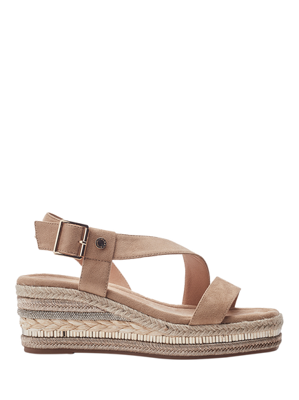 Moda in Pelle Poseo Alcantara Asymmetric Strap Wedge Heel Sandals, Stone, Stone
