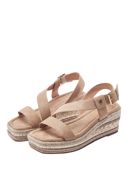 Moda in Pelle Poseo Alcantara Asymmetric Strap Wedge Heel Sandals, Stone - view 2, Stone