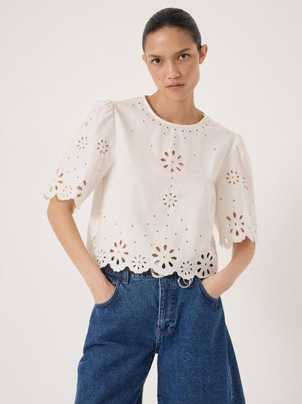 HUSH Enna Cotton Short Sleeve Broderie Top, Ecru, Ecru