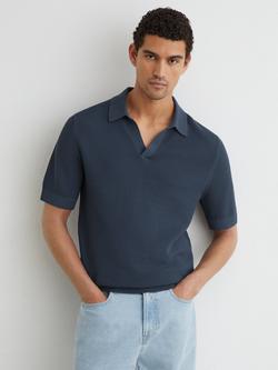 Reiss Leon Cotton Blend Basket Stitch Open Collar Short Sleeve Polo Shirt, Steel Blue, Steel Blue