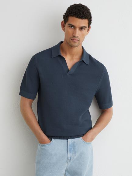 Reiss Leon Cotton Blend Basket Stitch Open Collar Short Sleeve Polo Shirt, Steel Blue, Steel Blue
