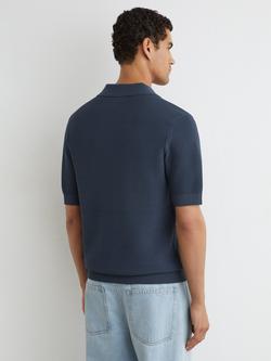 Reiss Leon Cotton Blend Basket Stitch Open Collar Short Sleeve Polo Shirt, Steel Blue - view 2, Steel Blue