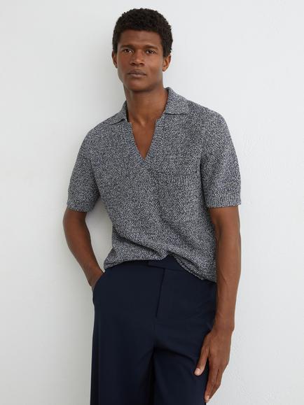 Reiss Owen Speckle Knit Open Collar Short Sleeve Polo Jumper, Indigo Blue, Indigo Blue