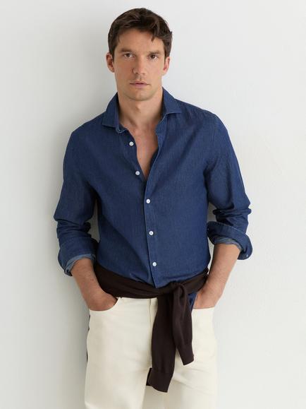 Reiss Don Cotton Shirt, Dark Blue Wash - view 2, Dark Blue Wash