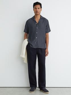 Reiss Griff Stripe Button Through Short Sleeve Shirt, Navy/White, Navy/White