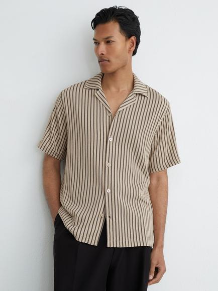 Reiss Griff Striped Tailored Short Sleeve Shirt, Stone/Grey, Stone/Grey