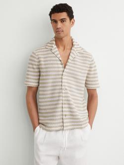Reiss Island Striped Crochet Short Sleeve Cuban Collar Shirt, White/Oatmeal, White/Oatmeal