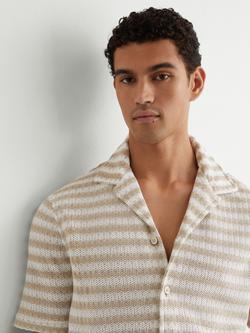 Reiss Island Striped Crochet Short Sleeve Cuban Collar Shirt, White/Oatmeal - view 2, White/Oatmeal