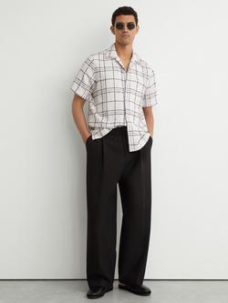 Reiss Moran Textured Check Cuban Collar Short Sleeve Shirt, White/Black, White/Black