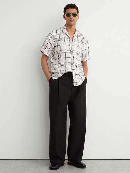 Reiss Moran Textured Check Cuban Collar Short Sleeve Shirt, White/Black, White/Black