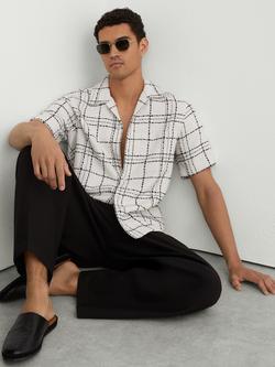 Reiss Moran Textured Check Cuban Collar Short Sleeve Shirt, White/Black - view 2, White/Black