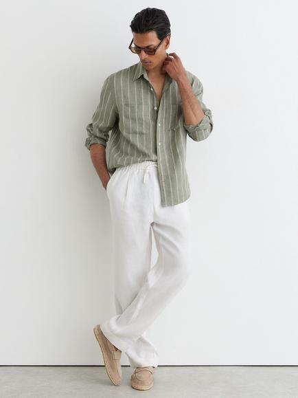Reiss Rubus Stripe Linen Shirt, Green/White