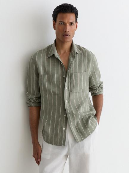 Reiss Rubus Stripe Linen Shirt - view 2, Green/White