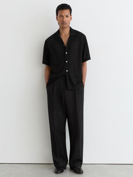Reiss Sid Chevron Crochet Short Sleeve Cuban Collar Shirt, Black, Black